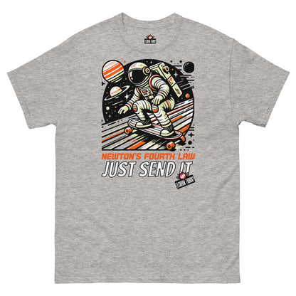 Gray T-shirt featuring an astronaut skating in space with text "Newton's Fourth Law: Just Send It" by Technium Foundry.