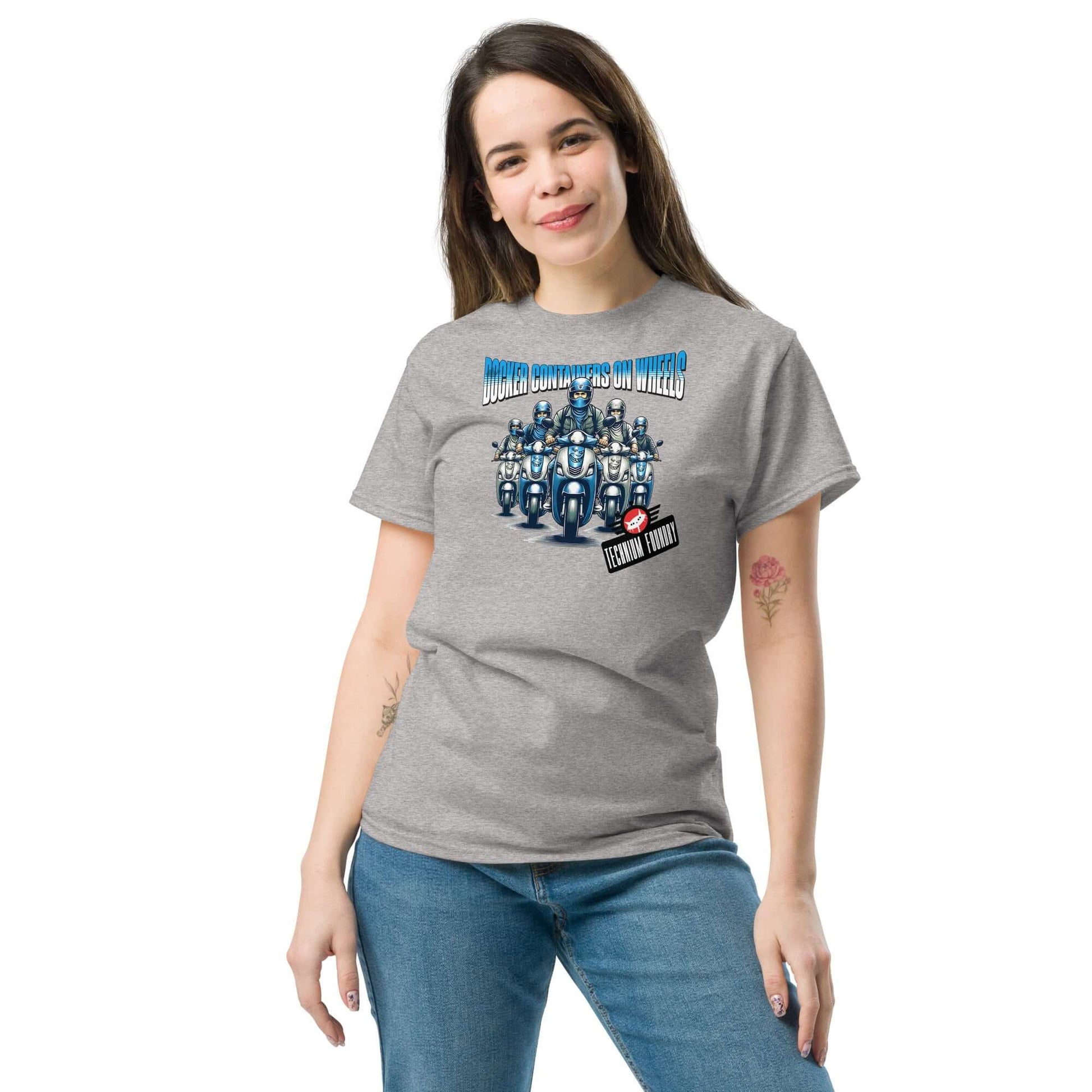 Woman wearing Docker Containers on Wheels T-Shirt by Technium Foundry, featuring containerized cruisers illustration.