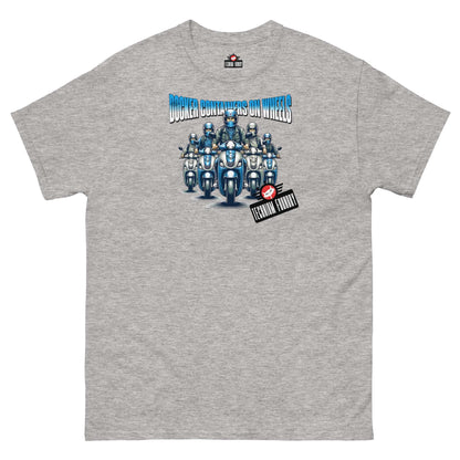 Docker Containers on Wheels T-Shirt by Technium Foundry, featuring illustrated scooters and DevOps theme on a grey shirt.