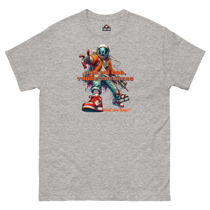 "Watt Are Those?! Electronic Kicks T-Shirt with astronaut design by Technium Foundry, premium cotton, voltage-fashionable style."