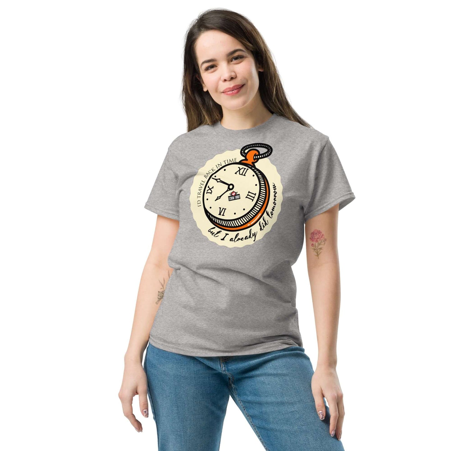 Woman wearing Time Travel Paradox T-Shirt featuring a pocket watch design by Technium Foundry, perfect for time travel enthusiasts.