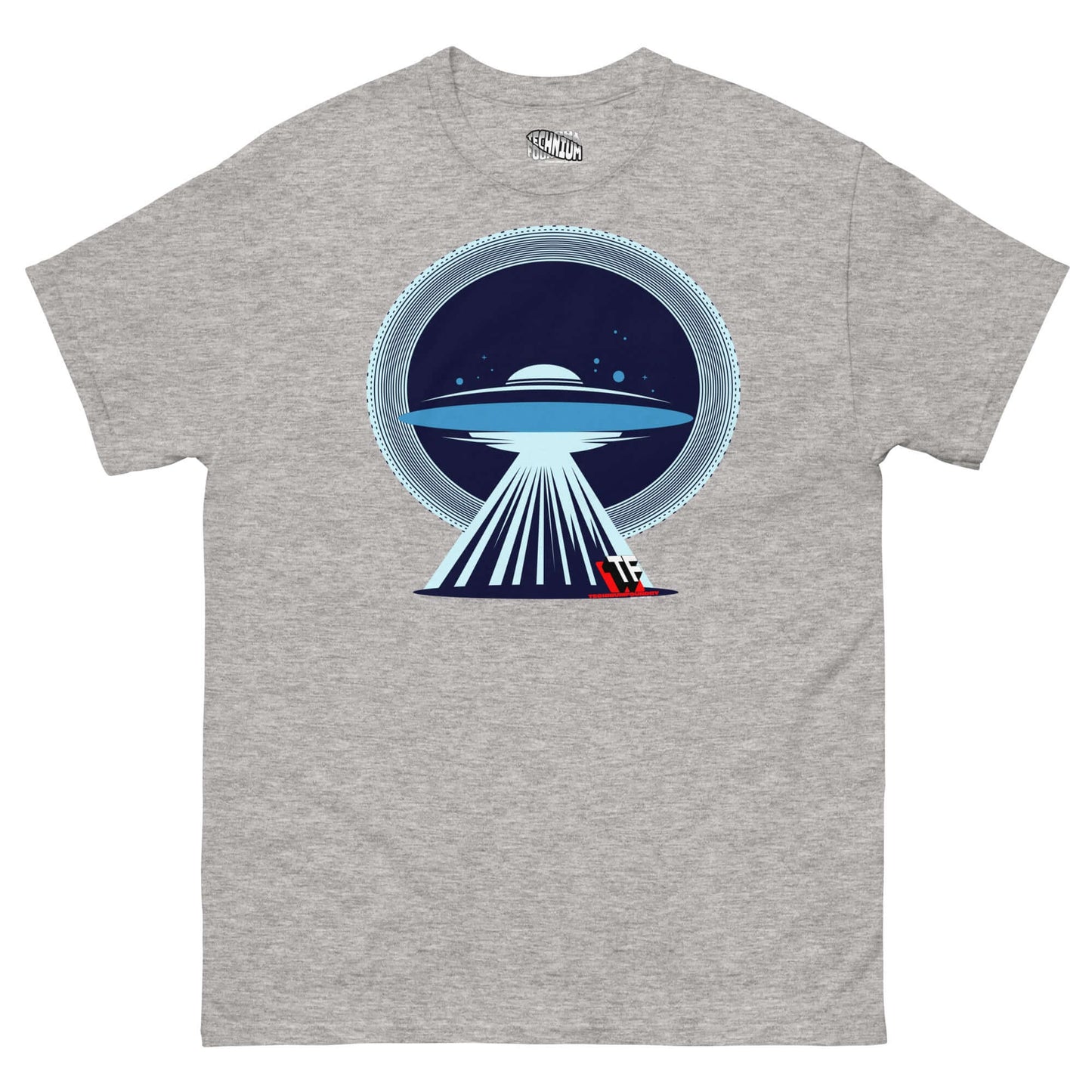 UFO Christmas T-Shirt by Technium Foundry with Santa's sleigh in beam, festive alien holiday design on grey fabric.