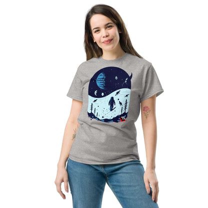 Woman wearing Space Dinosaur Slopes T-Shirt with astronaut and T-Rex skiing design against an alien planet backdrop.