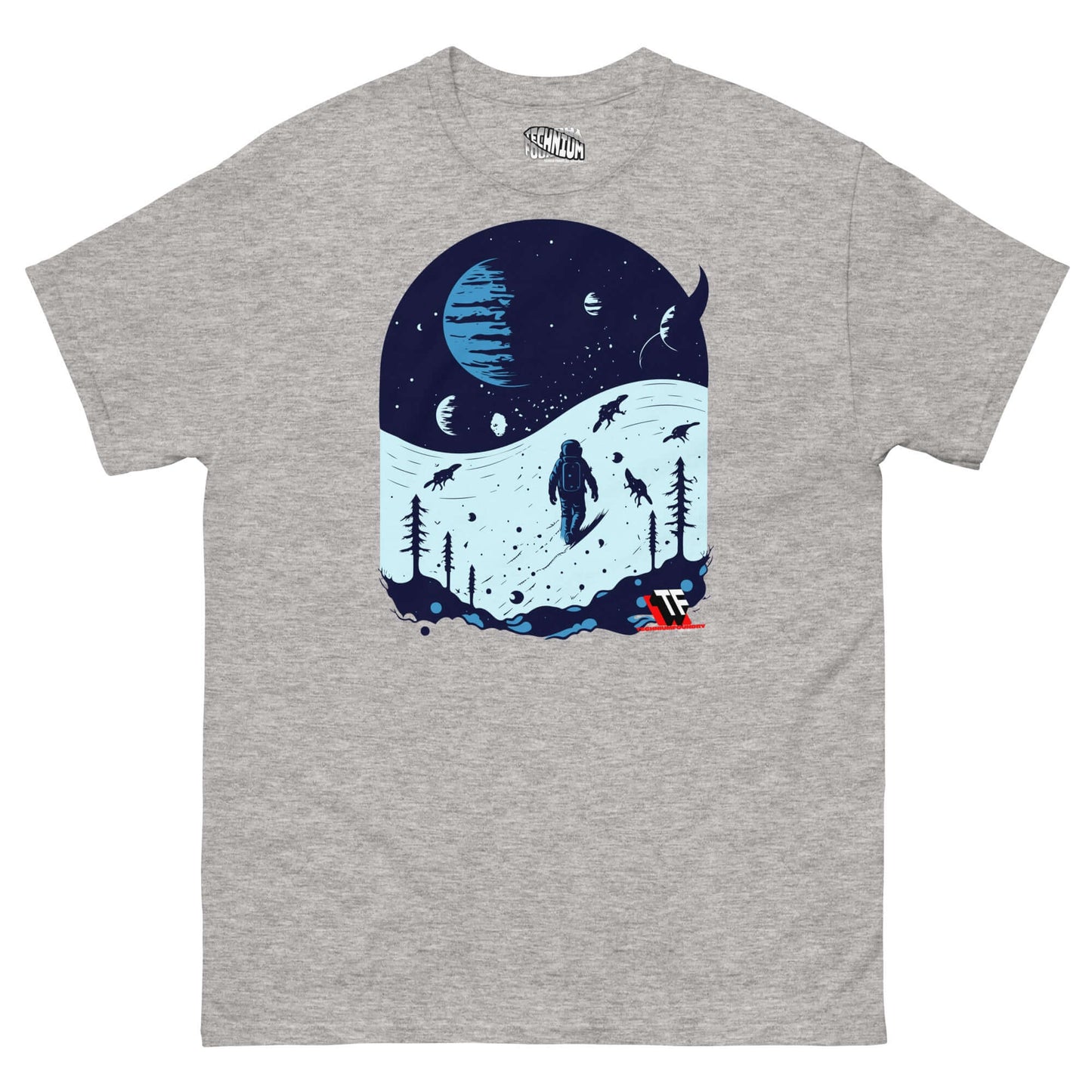 "Space Dinosaur Slopes T-Shirt with astronaut and T-Rex skiing on alien planets by Technium Foundry, Jurassic Cosmic edition."