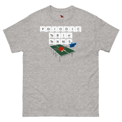 "Periodic Table Tennis T-Shirt by Technium Foundry with table tennis graphic and chemistry theme on gray background"