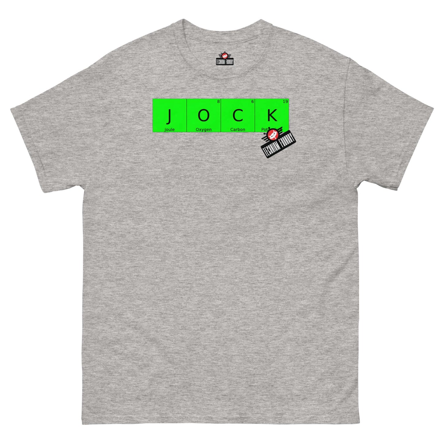 Grey "JOCK" T-shirt by Technium Foundry, featuring periodic table elements with a tiny Amish DJ design on premium cotton.