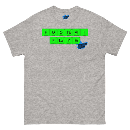 Grey t-shirt with periodic table design spelling "Football Player" in green, by Technium Foundry. Perfect for sports and science fans.