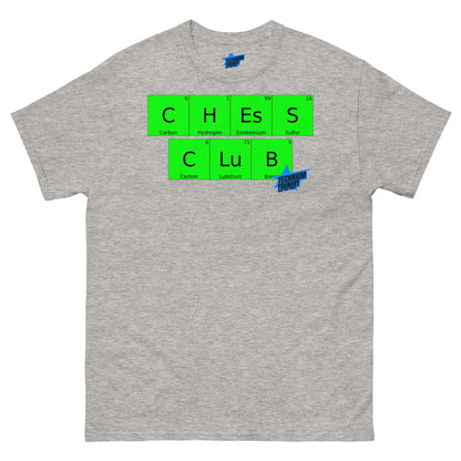 Technium Foundry Chess Club T-Shirt featuring chemical elements design, premium cotton, durable print, machine washable, sizes S-3XL.