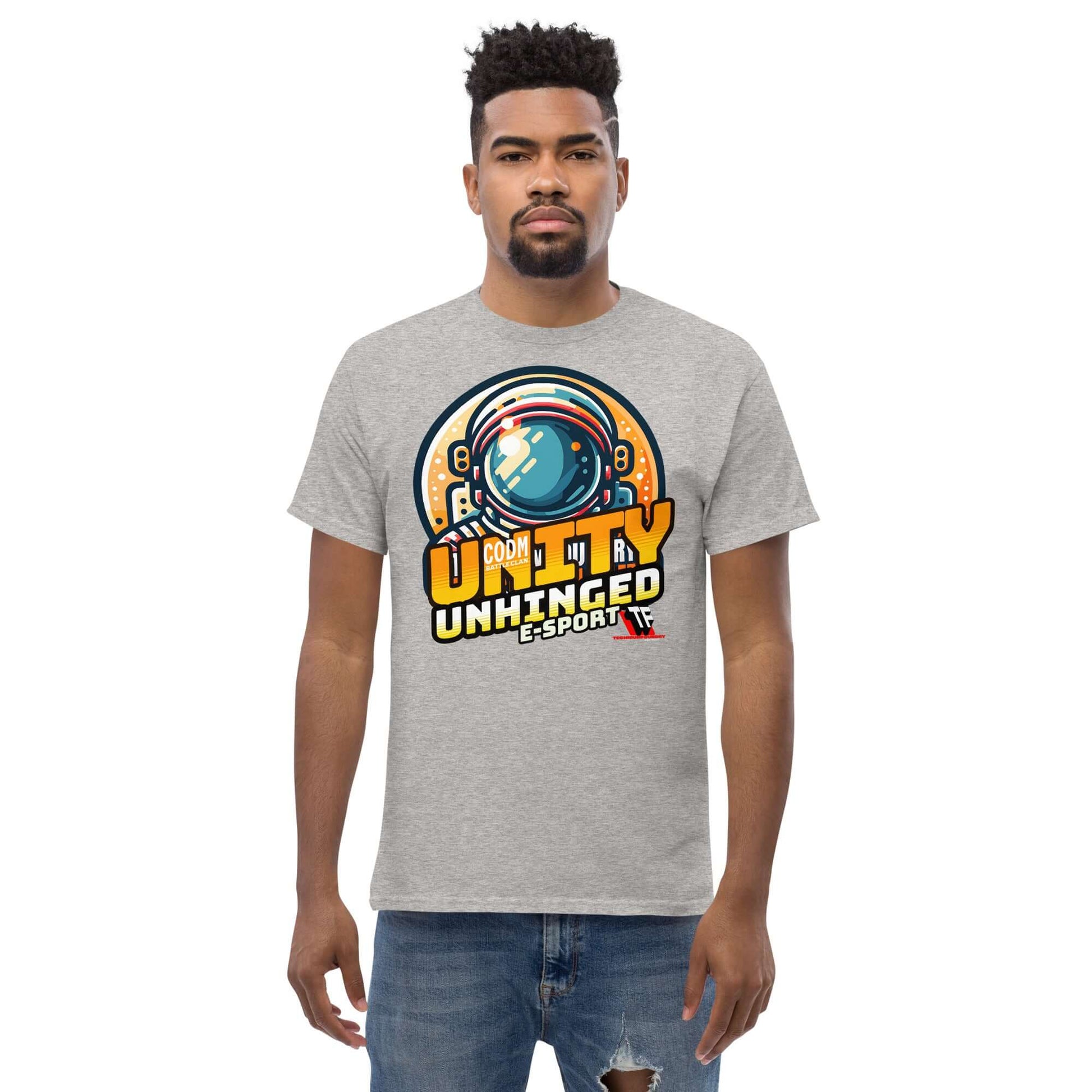 Man wearing UNITY UNHINGED E-Sports T-Shirt by Technium Foundry featuring retro astronaut design for CoD Mobile clan.