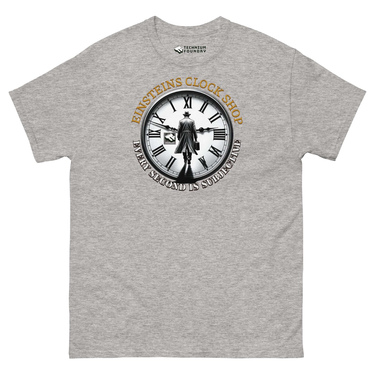 "Einstein's Clock Shop T-Shirt featuring scientist and clock design by Technium Foundry for a touch of scientific humor"