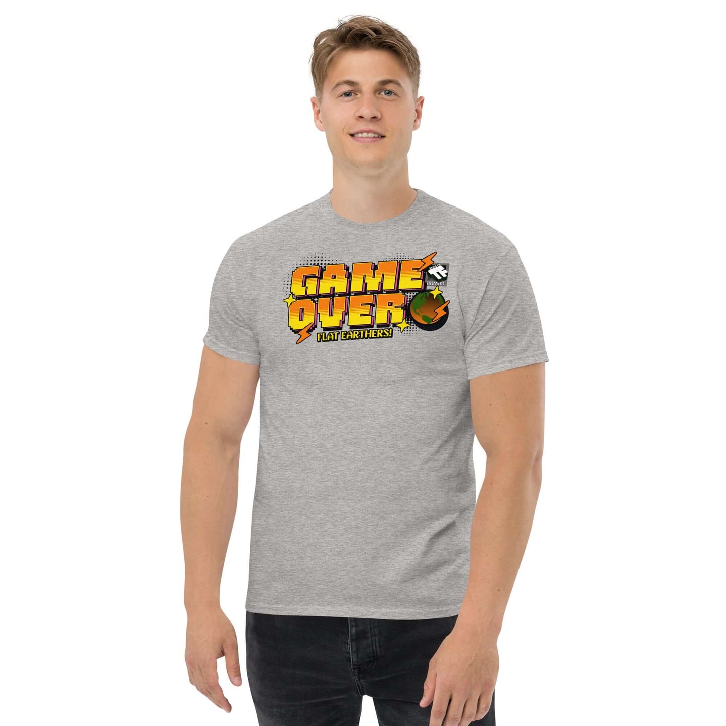 Grey T-shirt with "Game Over" design, featuring a pixelated Earth, mocking Flat Earth theories in retro arcade style.