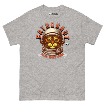 "Catronauts Feline Space Medal T-Shirt featuring a cat in a space helmet by Technium Foundry, novelty space-themed apparel"