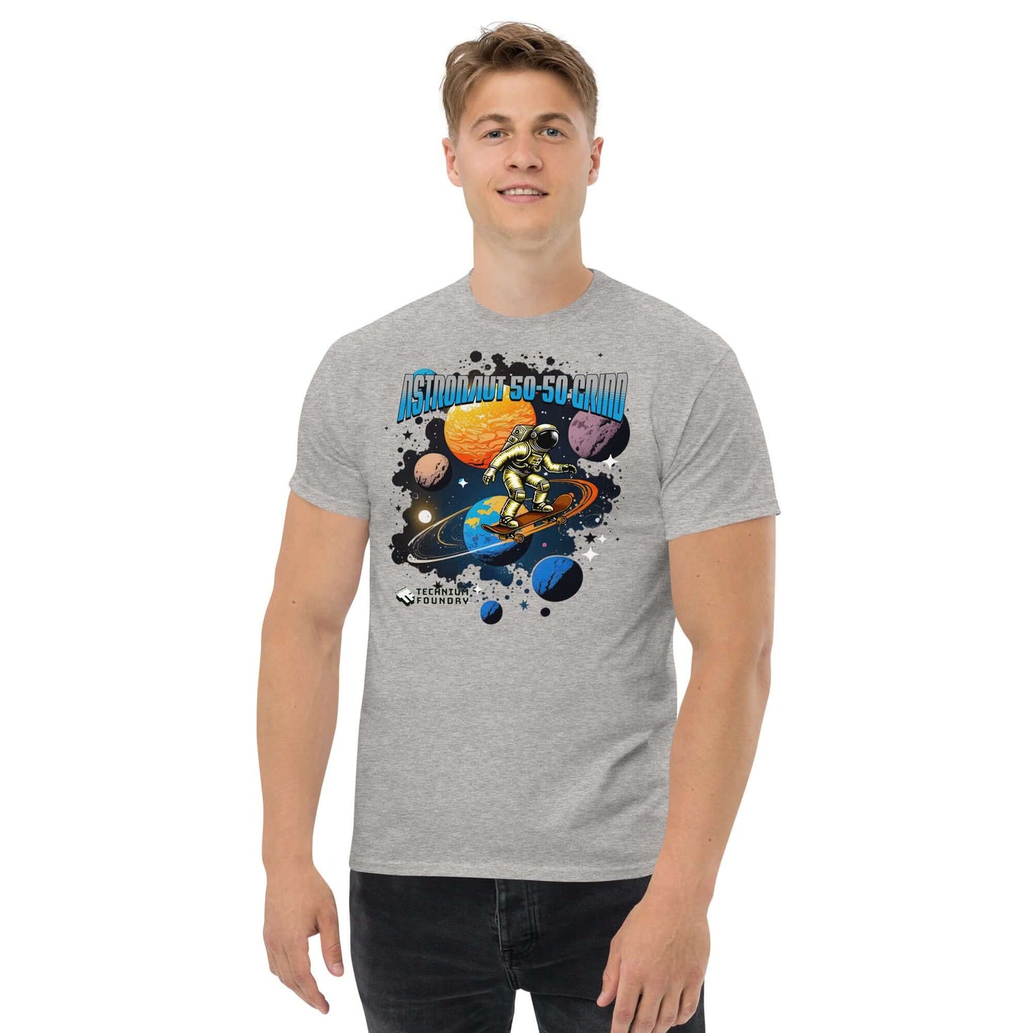 Astronaut 50-50 Grind T-Shirt by Technium Foundry featuring space skater on Saturn with comic design.