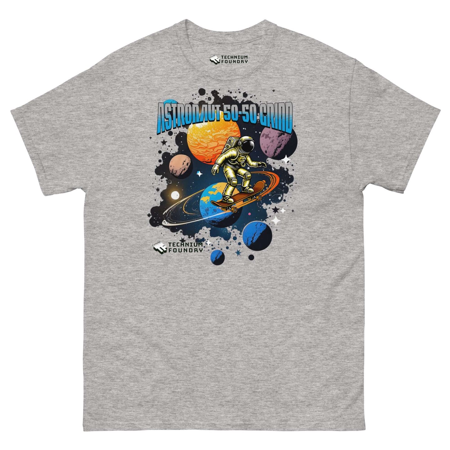 Astronaut 50-50 Grind T-Shirt with space skater graphic by Technium Foundry, featuring planets and cosmic design.