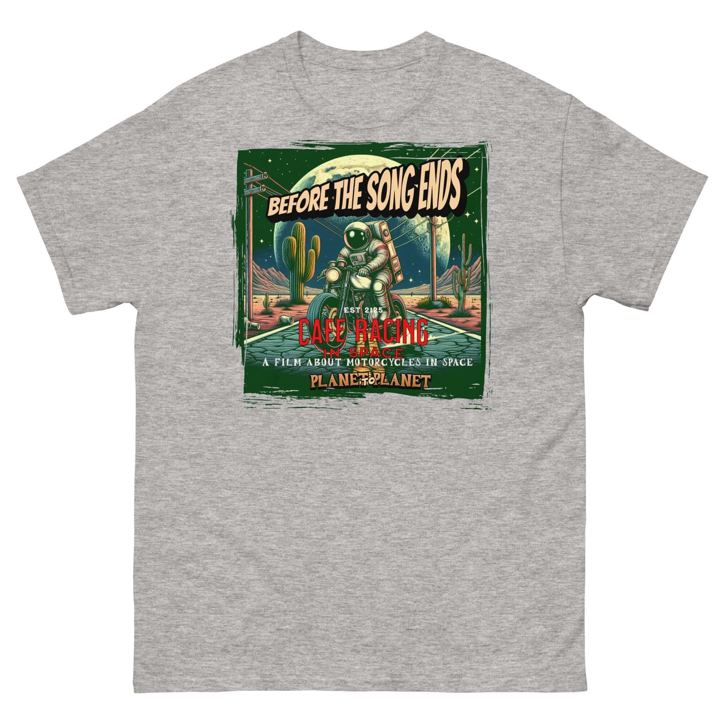 Vintage Café Racer Space T-Shirt featuring astronaut and motorcycle in desert with cacti and celestial background, movie poster style.