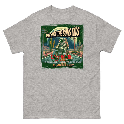 Vintage Café Racer Space T-Shirt featuring astronaut and motorcycle in desert with cacti and celestial background, movie poster style.