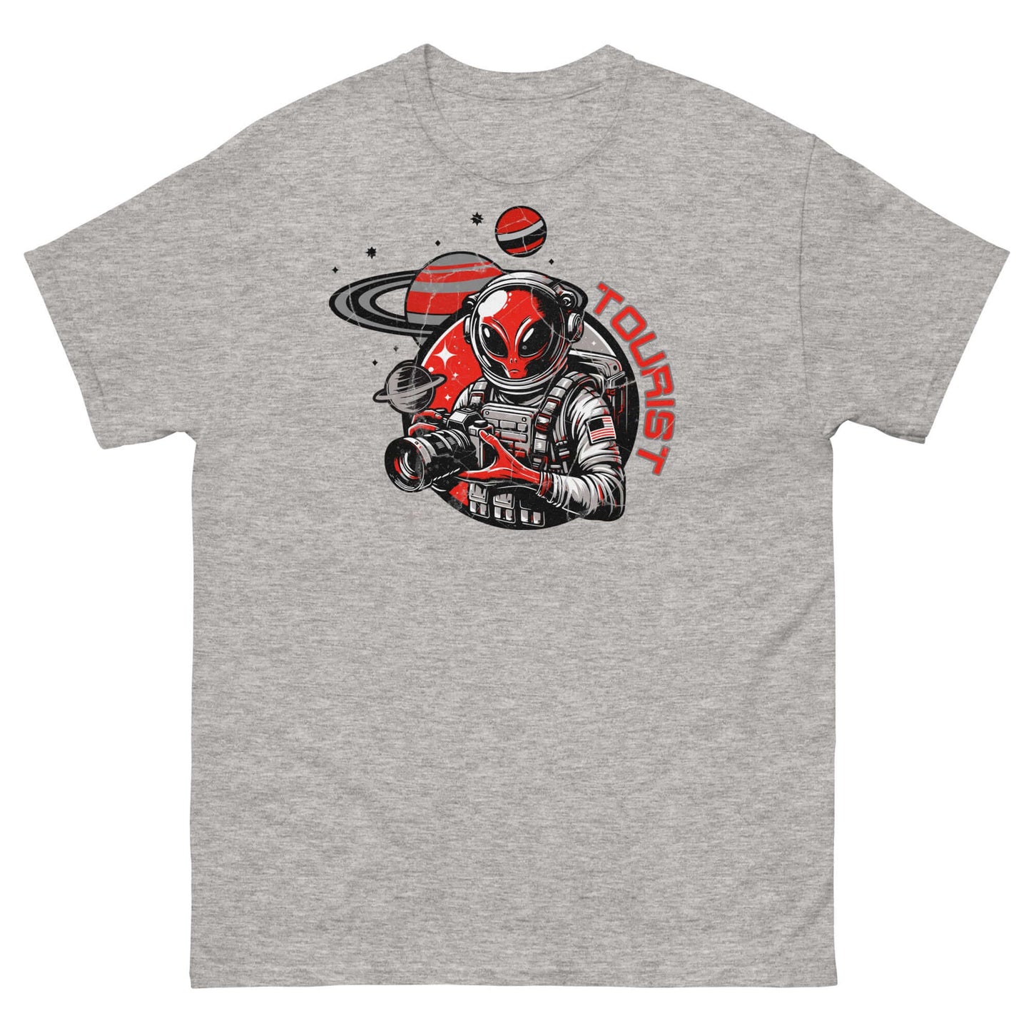 Alien in space suit taking photos near Saturn on a Space Tourist T-Shirt, featuring a Red Planet Explorer theme.