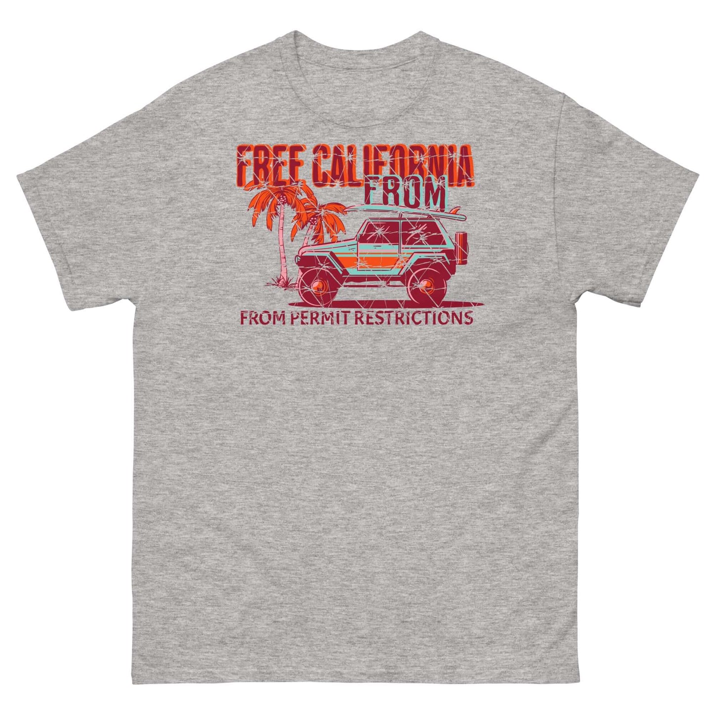 Free California Surf T-Shirt with 4x4 beach design, red palm trees, and text 'Free from Permit Restrictions'. Perfect for beach lovers.