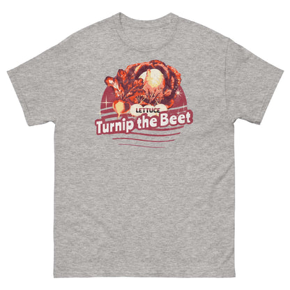 Gray T-shirt with "Lettuce Turnip the Beet" text and vintage veggie illustration, blending humor and style for pun lovers.