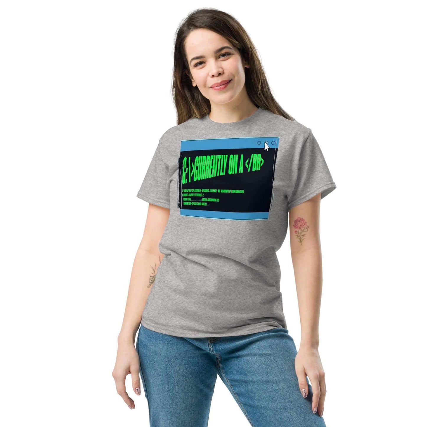 Woman wearing gray HTML humor t-shirt with 'Currently On a <br>' design, green text on a browser window, coding and burnout theme.