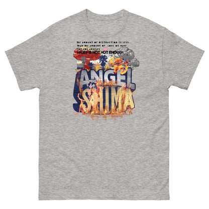 Angel Shima Destruction yet Love T-Shirt with fiery design, symbolizing love and resilience in Los Angeles with iconic city print.