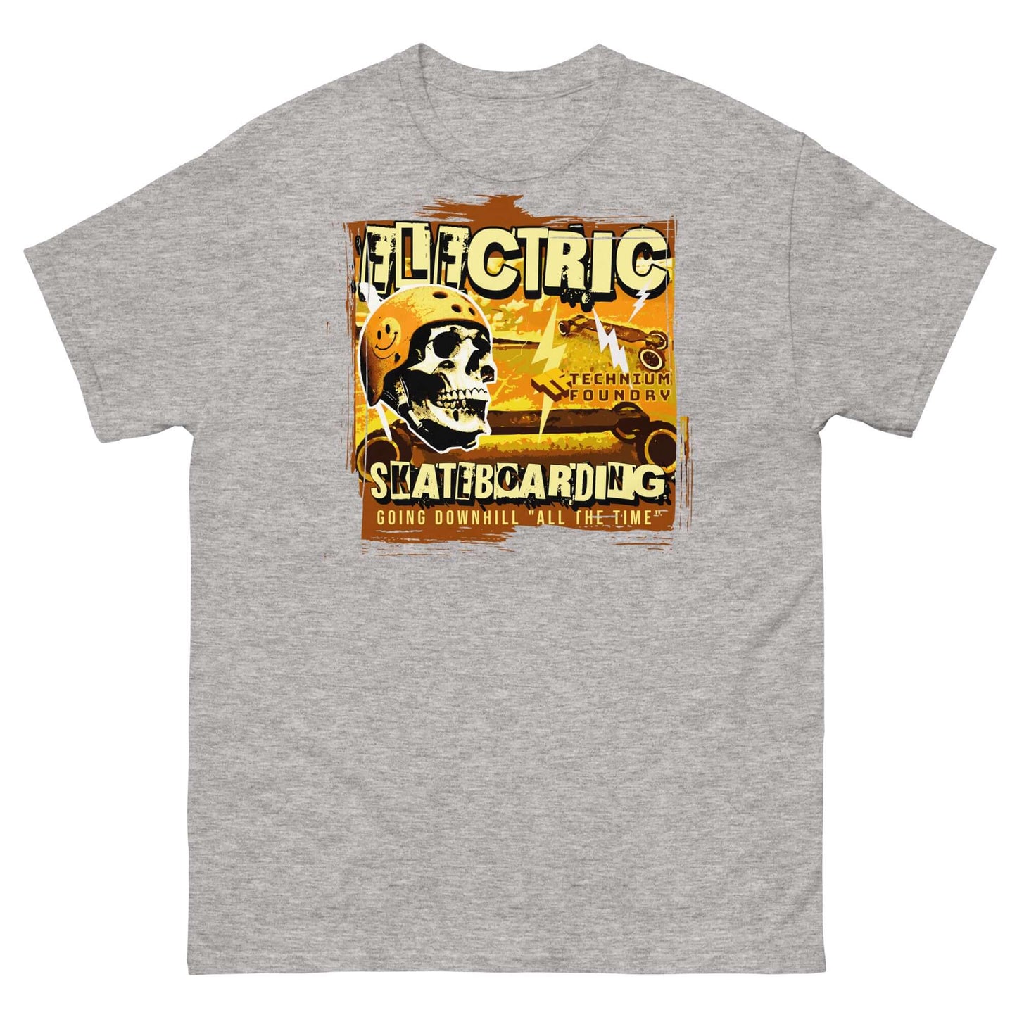 Electric Skateboarding T-Shirt with skeleton design and vintage warning poster style, featuring 'Safety Third' slogan on gray cotton.