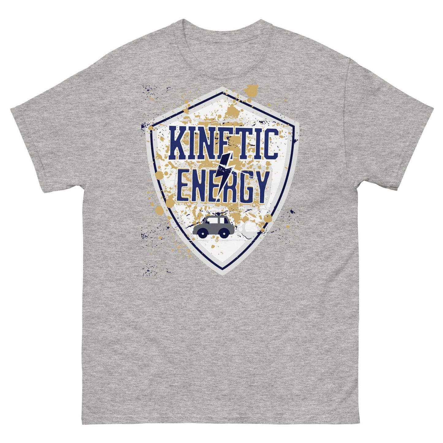 Kinetic Energy T-Shirt featuring a vintage shield design with a small car and kinetic energy text, celebrating physics.