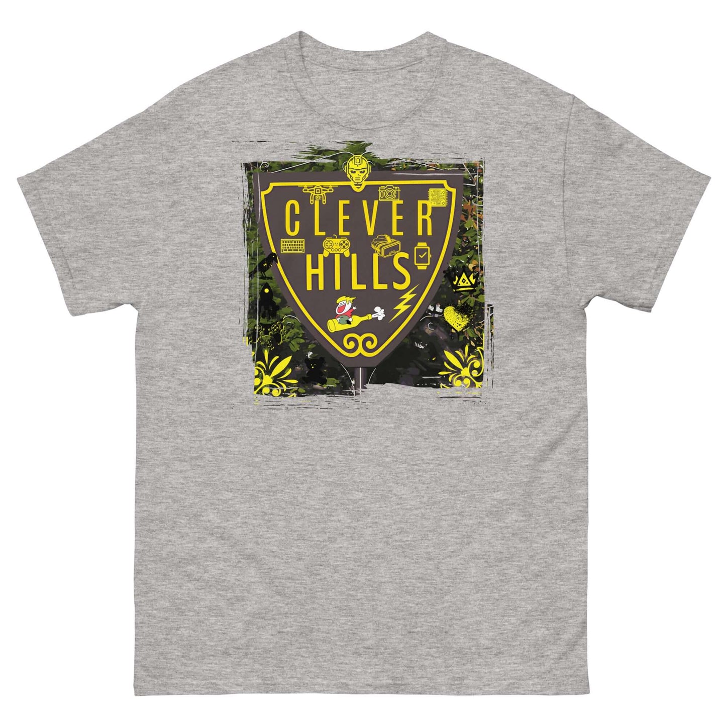 Clever Hills T-Shirt with shield design merging quantum mechanics and Beverly zip codes, featuring a neural-network pattern.