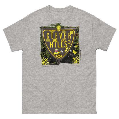 Clever Hills T-Shirt with shield design merging quantum mechanics and Beverly zip codes, featuring a neural-network pattern.