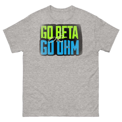 Go Beta Go Ohm T-Shirt celebrating physics with radioactive and electrical humor, featuring vibrant text on a gray tee.