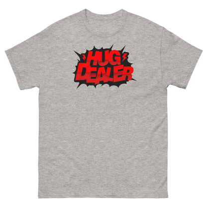 Hug Dealer T-Shirt with Comic Book Style Design, Gray Color, Bold Red Text.