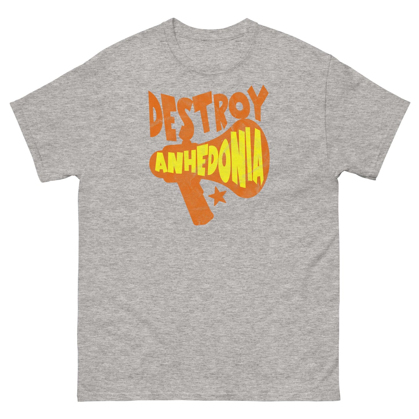 Gray "Destroy Anhedonia" t-shirt featuring bold text and megaphone design for mental health activism with a punk attitude.