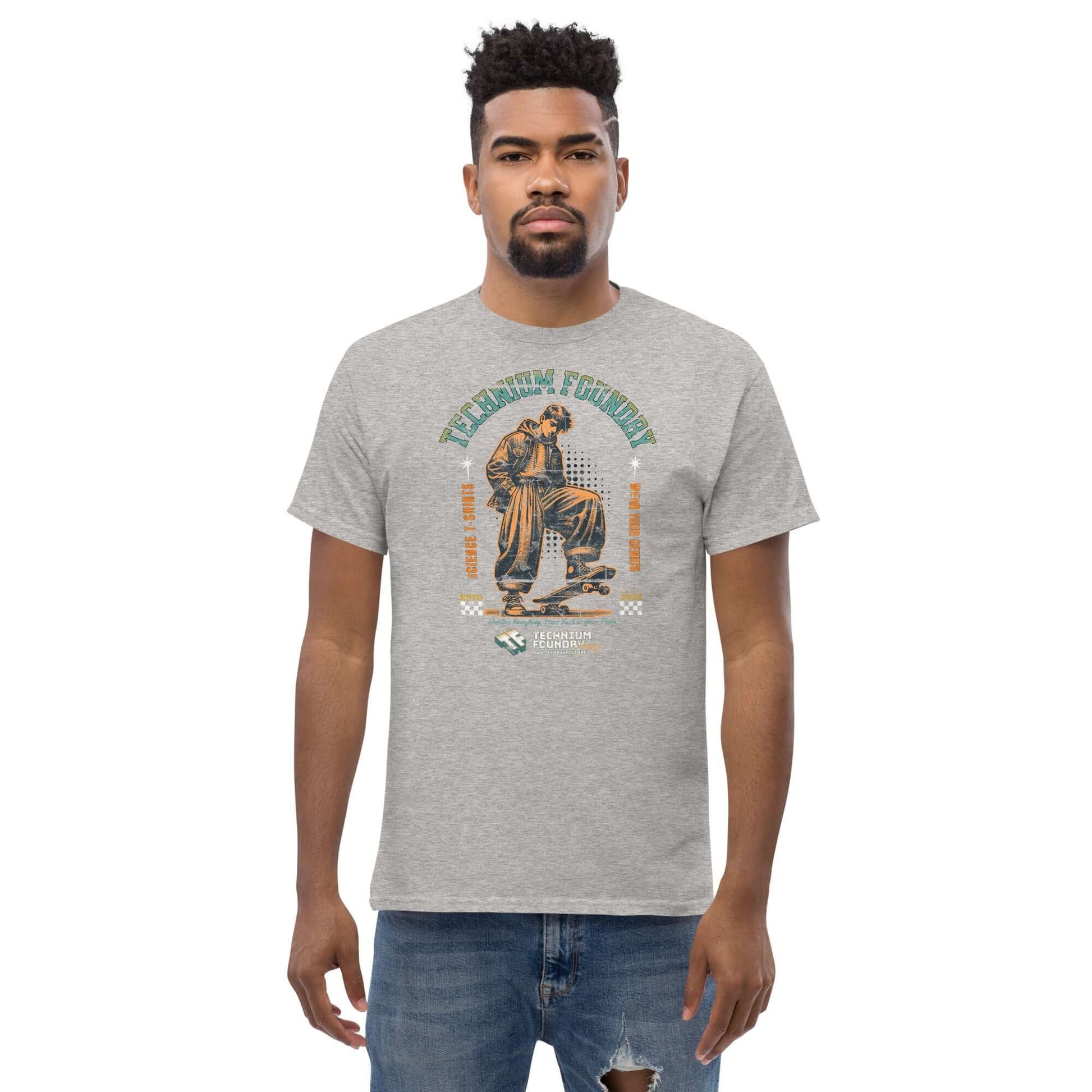 Technium Foundry skater scientist t-shirt with vintage design of a physicist on a skateboard, worn by a male model.