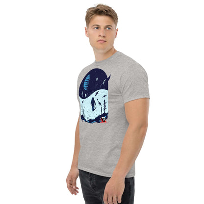 Man wearing Space Dinosaur Slopes T-Shirt by Technium Foundry, featuring a cosmic ski scene with dinosaurs and planets.