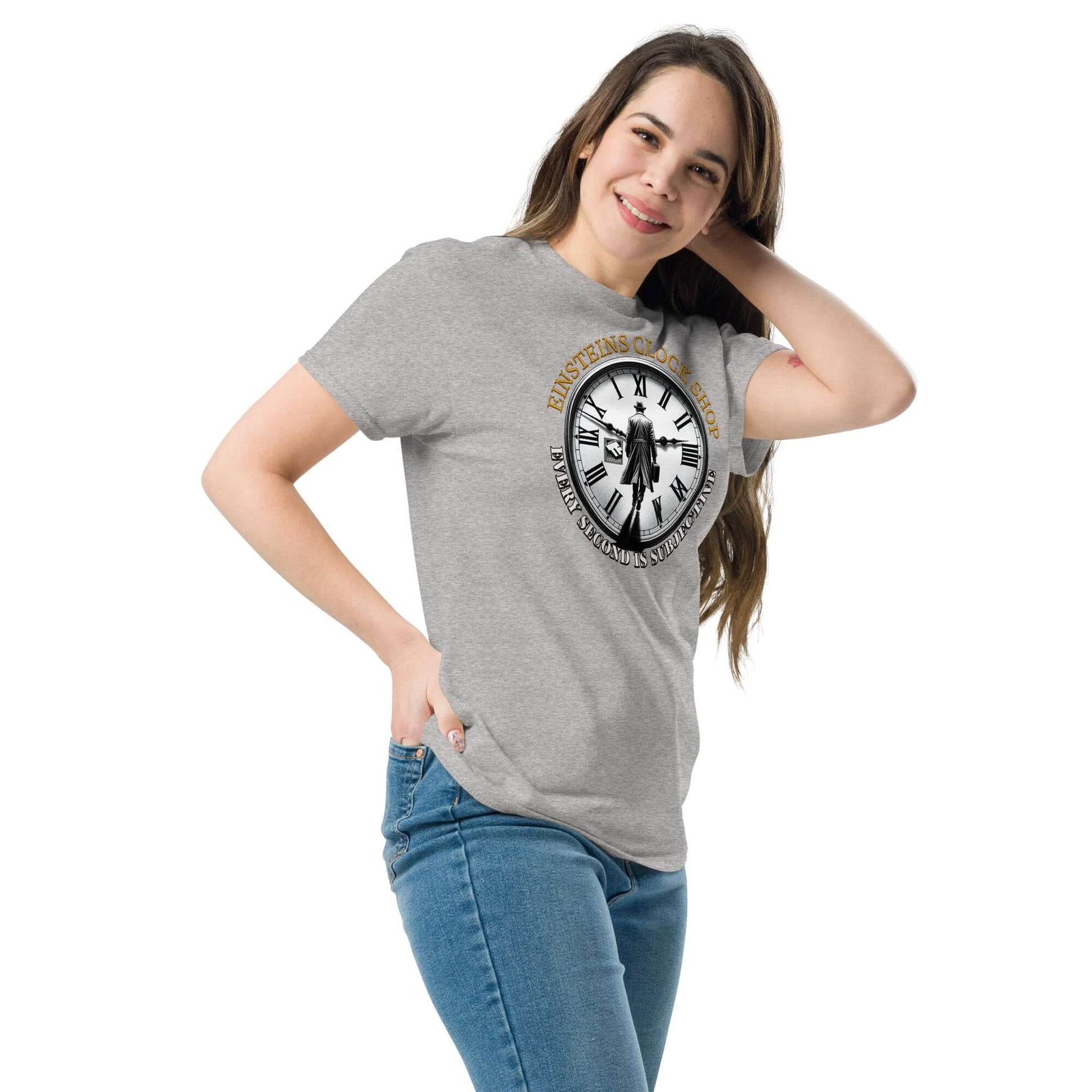 Woman wearing Einstein's Clock Shop T-shirt with clock and relativity design by Technium Foundry, blending science and humor.