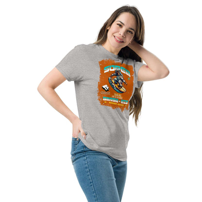 Woman wearing a Super Smash & Click T-Shirt with retro gaming astronaut design, inspired by skateboarding and cyberspace.