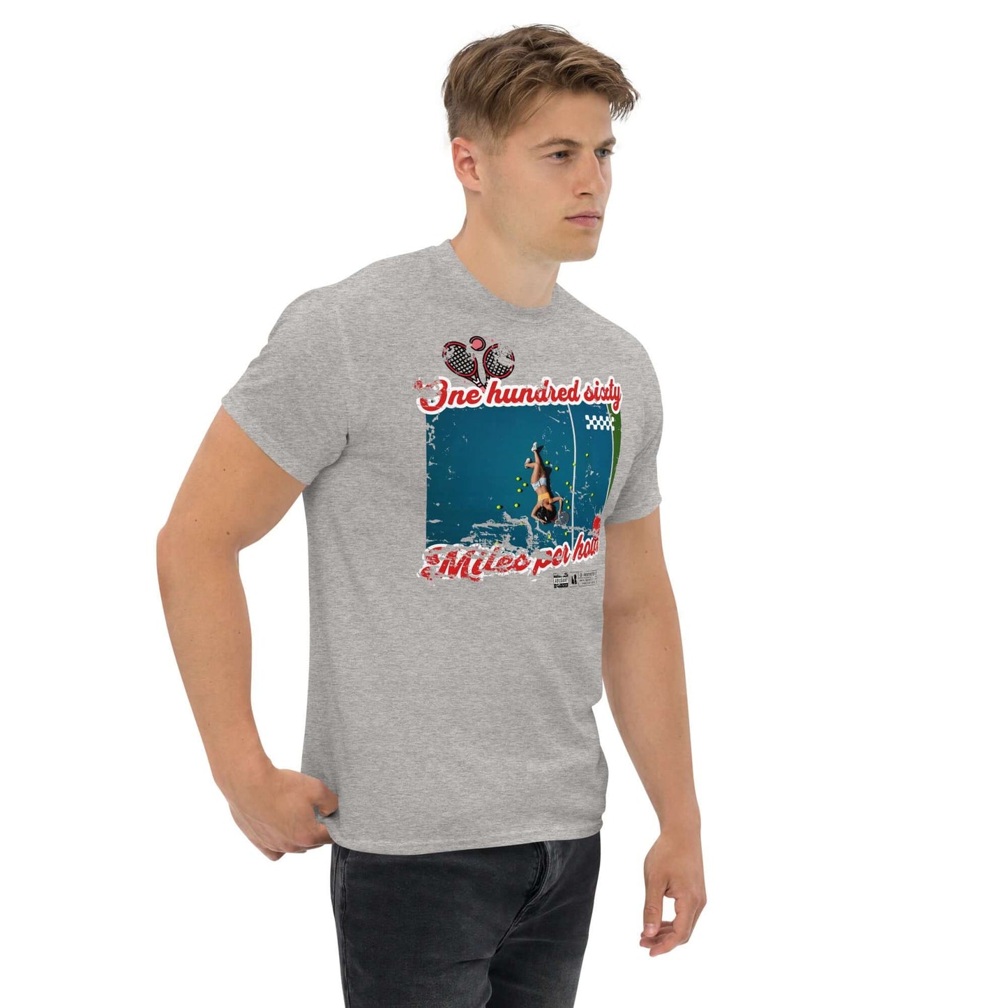 Gray tennis exhaustion t-shirt featuring a vintage design of a player, text 'One Hundred Sixty Miles Per Hour', on a man walking.