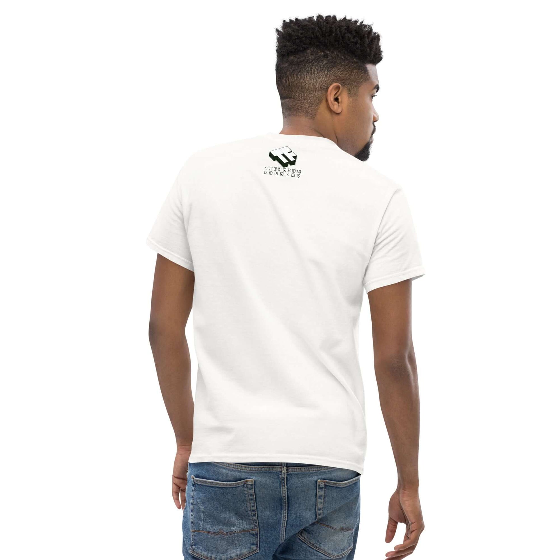 Back view of a white t-shirt on a person, featuring a minimalist programmer design near the neck, paired with casual blue jeans.