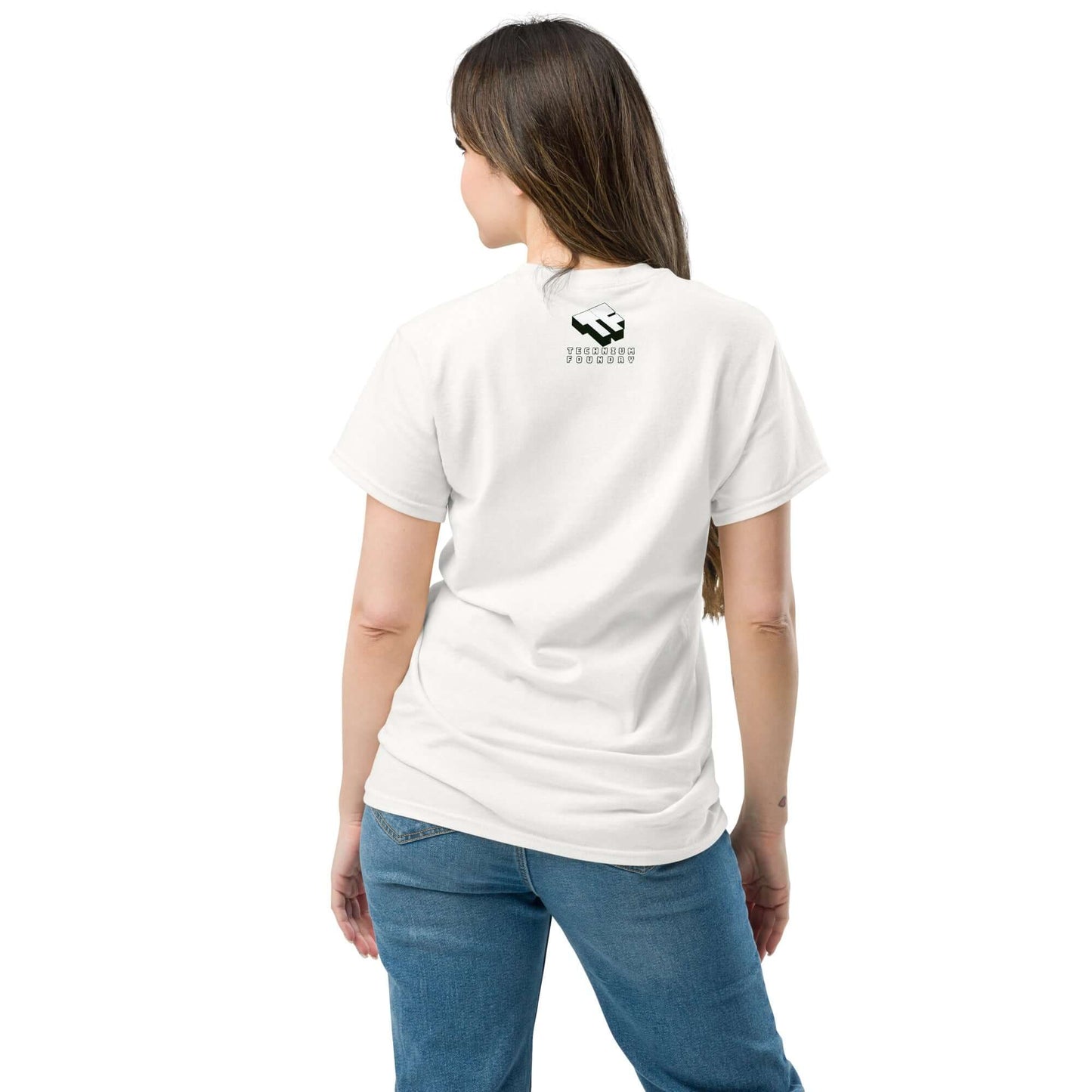 Woman wearing the "Primordial Photons" astronaut science t-shirt, showcasing back design with logo.