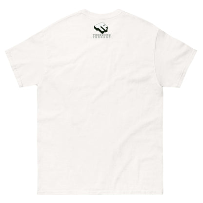 Back view of a white t-shirt with a small black logo on the upper back.