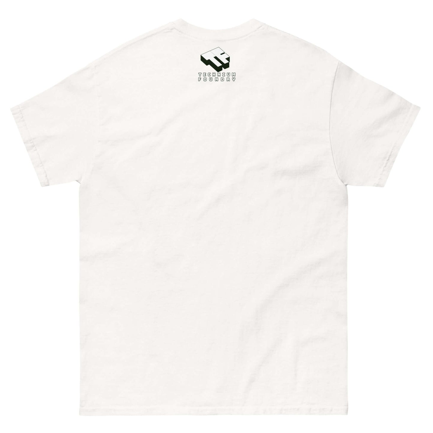 Back view of a white Cafe Racer Space T-Shirt featuring a minimalist black logo near the upper center.