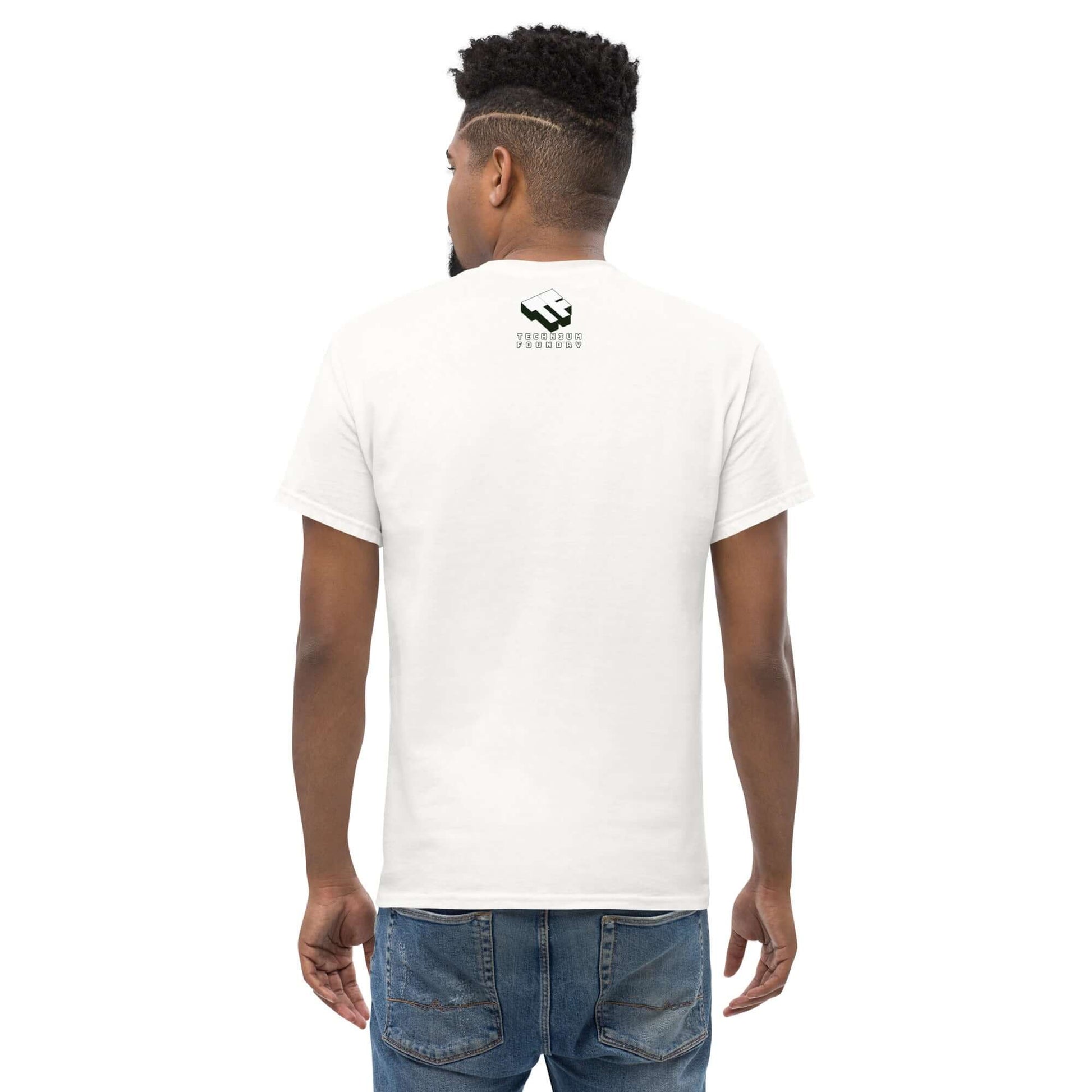 Back view of white California Surf T-Shirt with logo, worn by a man, emphasizing beach style and casual comfort.