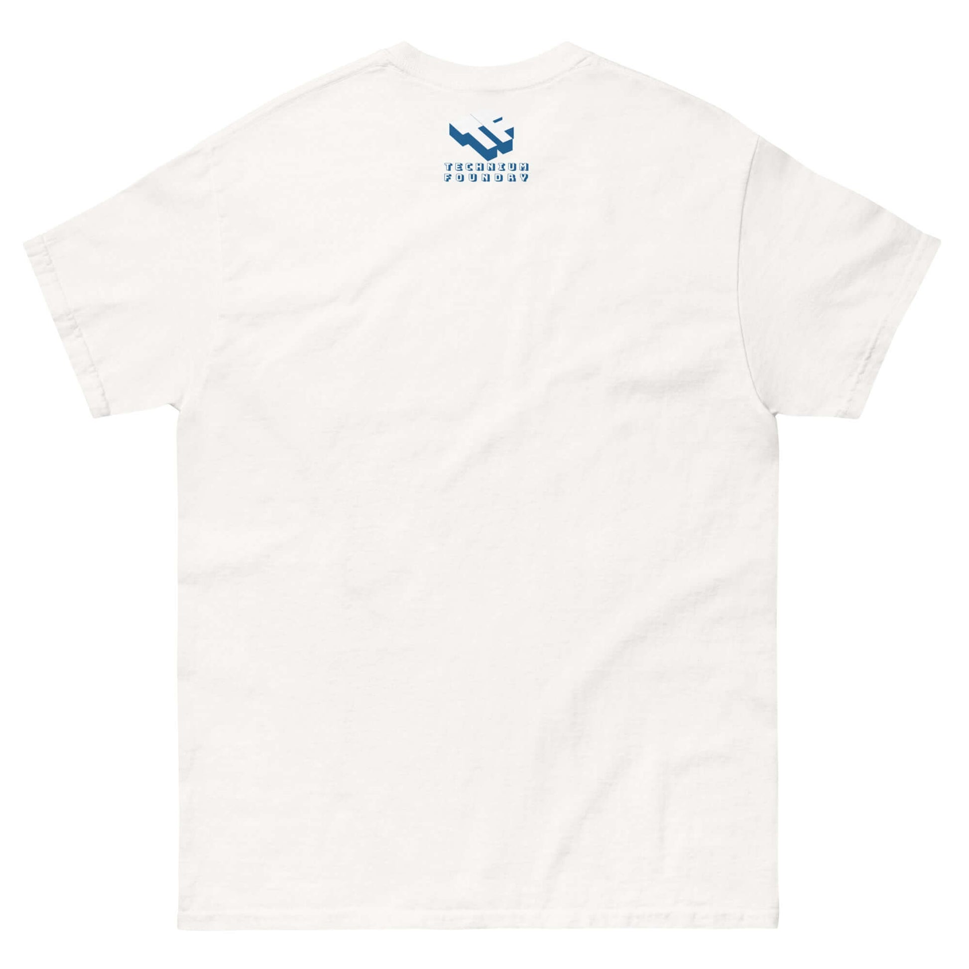 Back view of white T-shirt with blue HTML code text, humorously capturing a coder's need for breaks, perfect for programming enthusiasts.