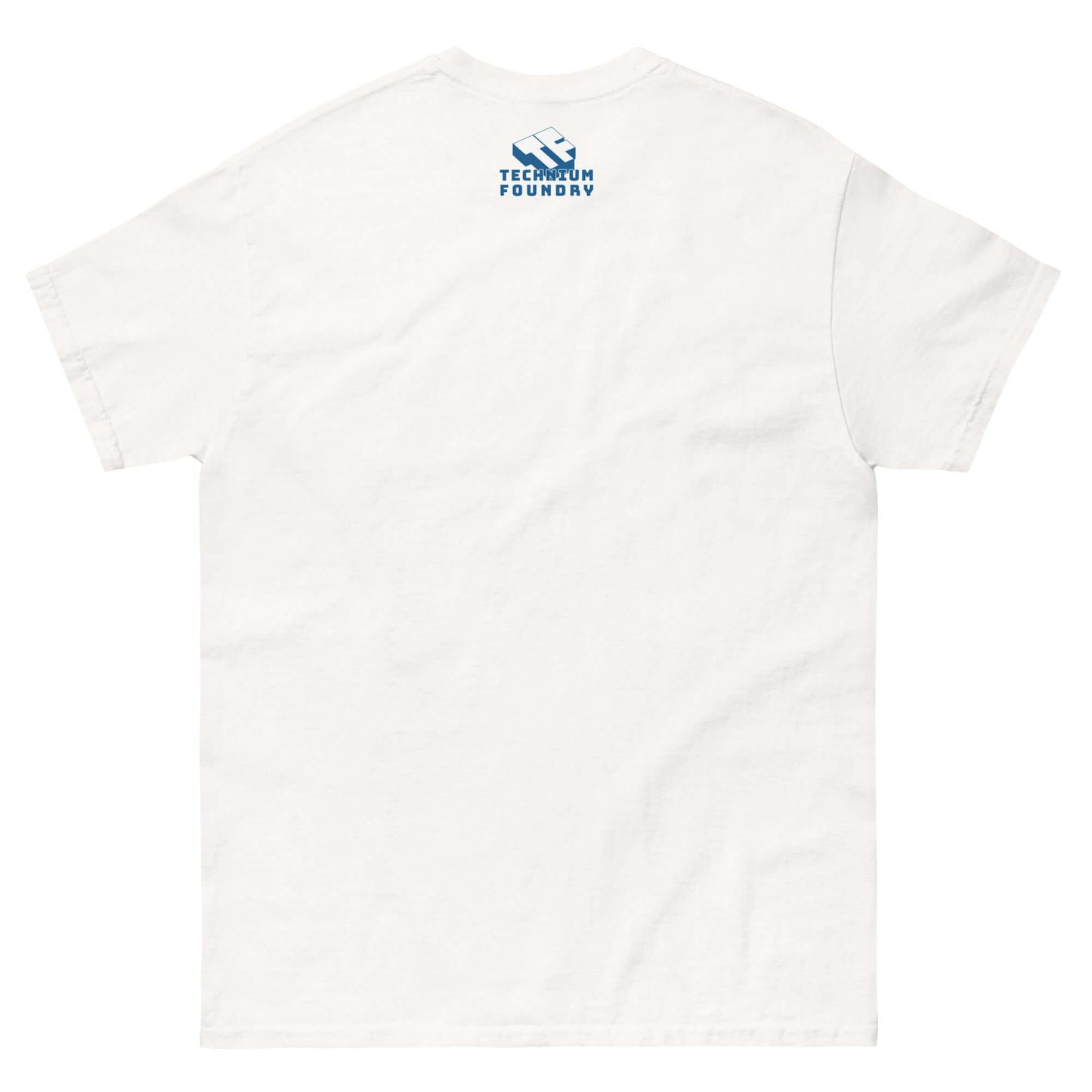 Back view of a plain white t-shirt with Technum Foundry logo in blue at the top.