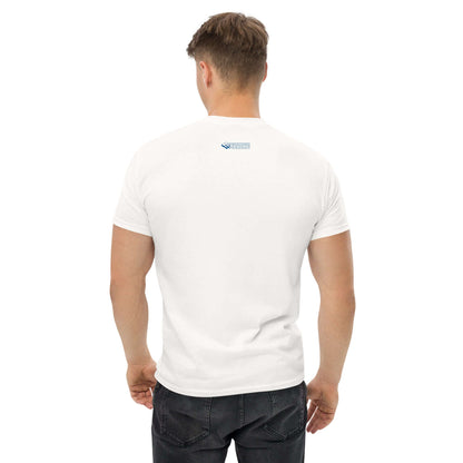 Back view of a man wearing a white "Matrioshka Brain" T-shirt, ideal for fans of neuroscience and artificial intelligence concepts.