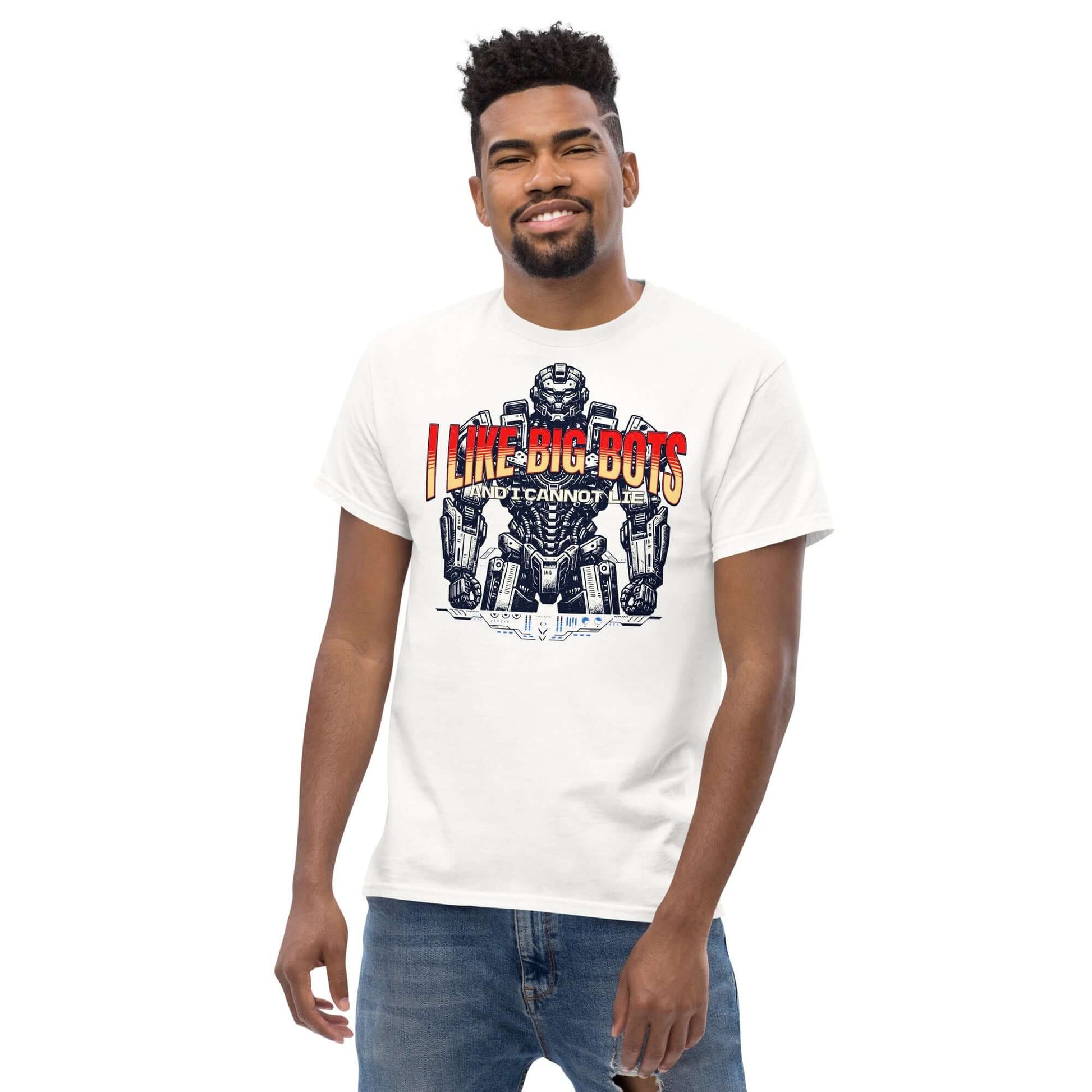 Man wearing a 'I Like Big Bots and I Cannot Lie' t-shirt with mech design on white background, showcasing a love for large robots.