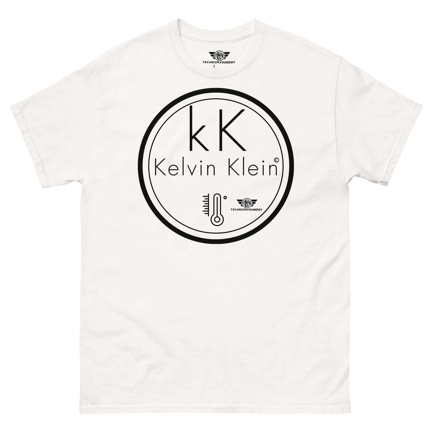 Kelvin Klein Temperature Scale Fashion Parody T-Shirt | Scientific Humor Apparel Color: White T-Shirt Size: S Apparel & Accessories Technium Foundry