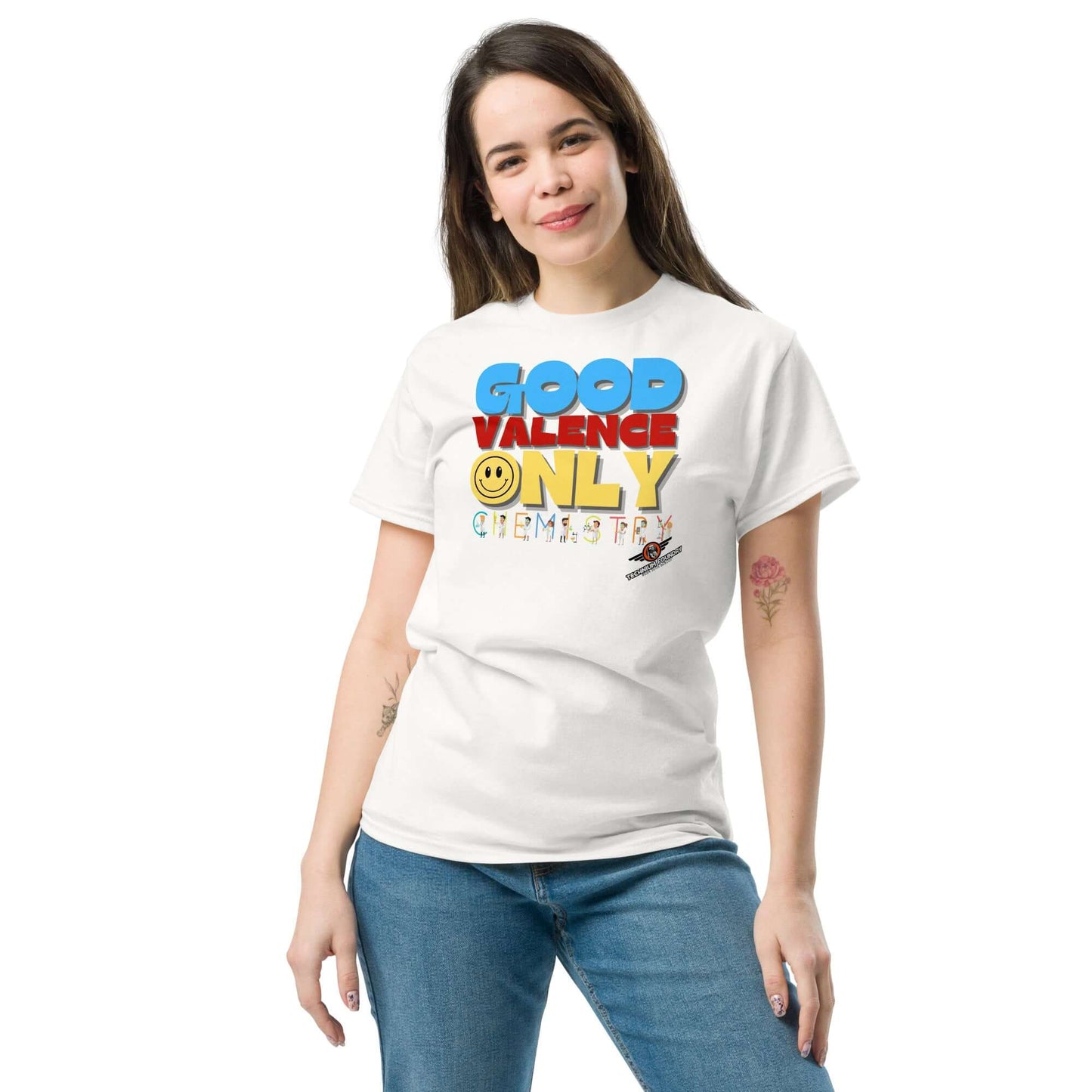 Good Valence Only Chemistry T-Shirt | Periodic Positivity with Lab Scientists Color: Black T-Shirt Size: S Apparel & Accessories Technium Foundry