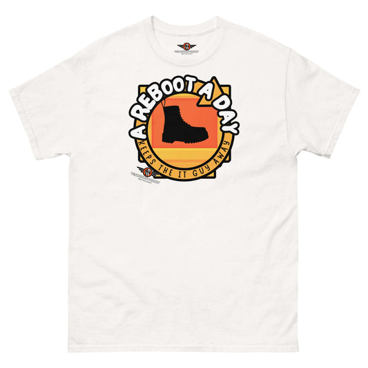 A Reboot A Day - IT Support Humor T-Shirt | Tech Help Desk Boot Design Color: White T-Shirt Size: S Apparel & Accessories Technium Foundry