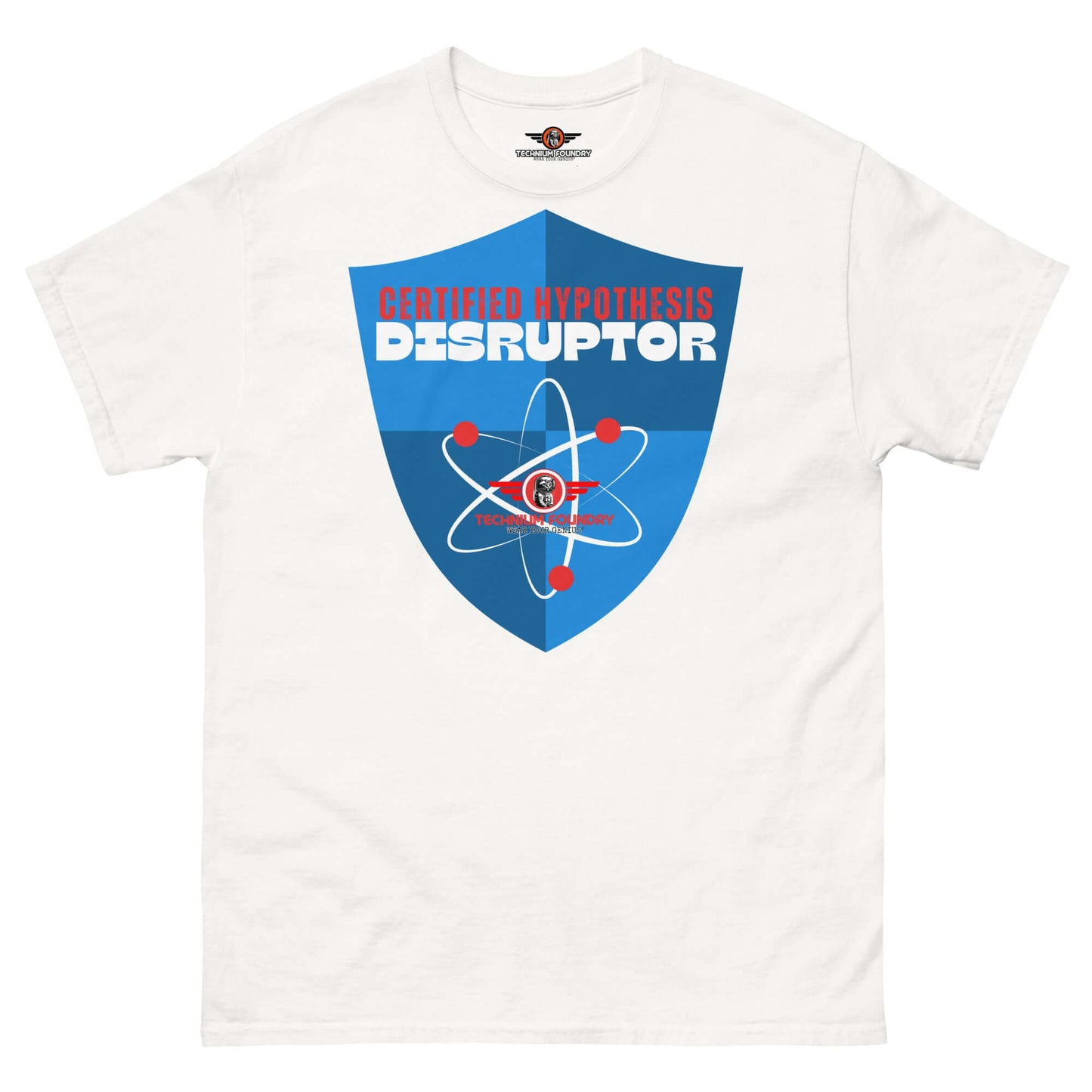 Certified Hypothesis Disruptor T-Shirt | Scientific Shield Design Color: White T-Shirt Size: S Apparel & Accessories Technium Foundry